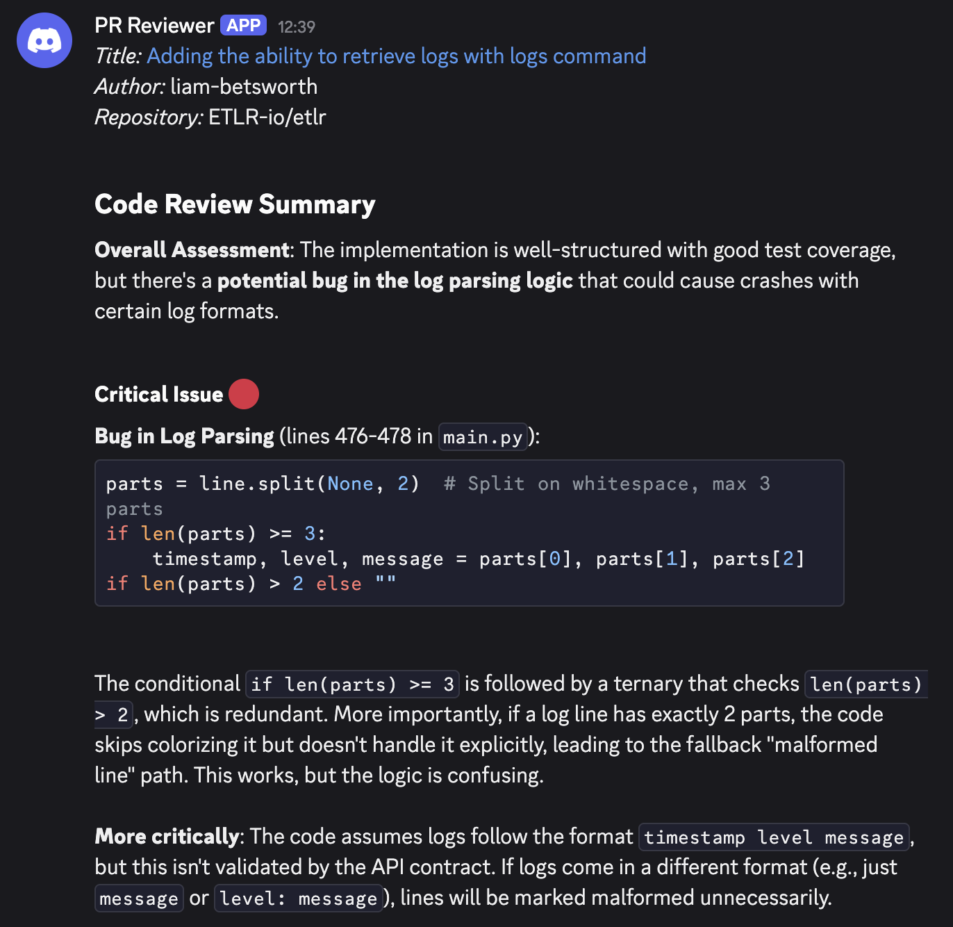 An AI PR review summary as it appears in Discord
